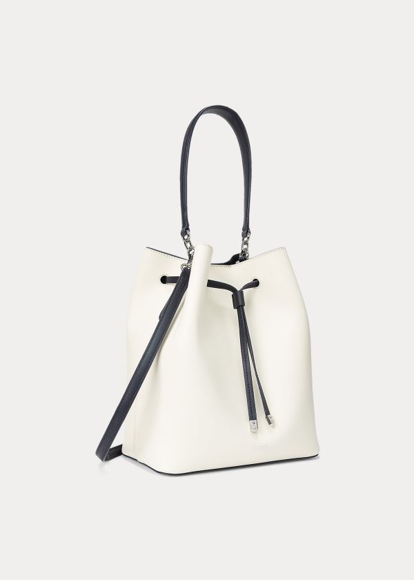 Bolsa Ralph Lauren Mujer Blancos / Azul Marino - Leather Debby Drawstring - QCFIY4317